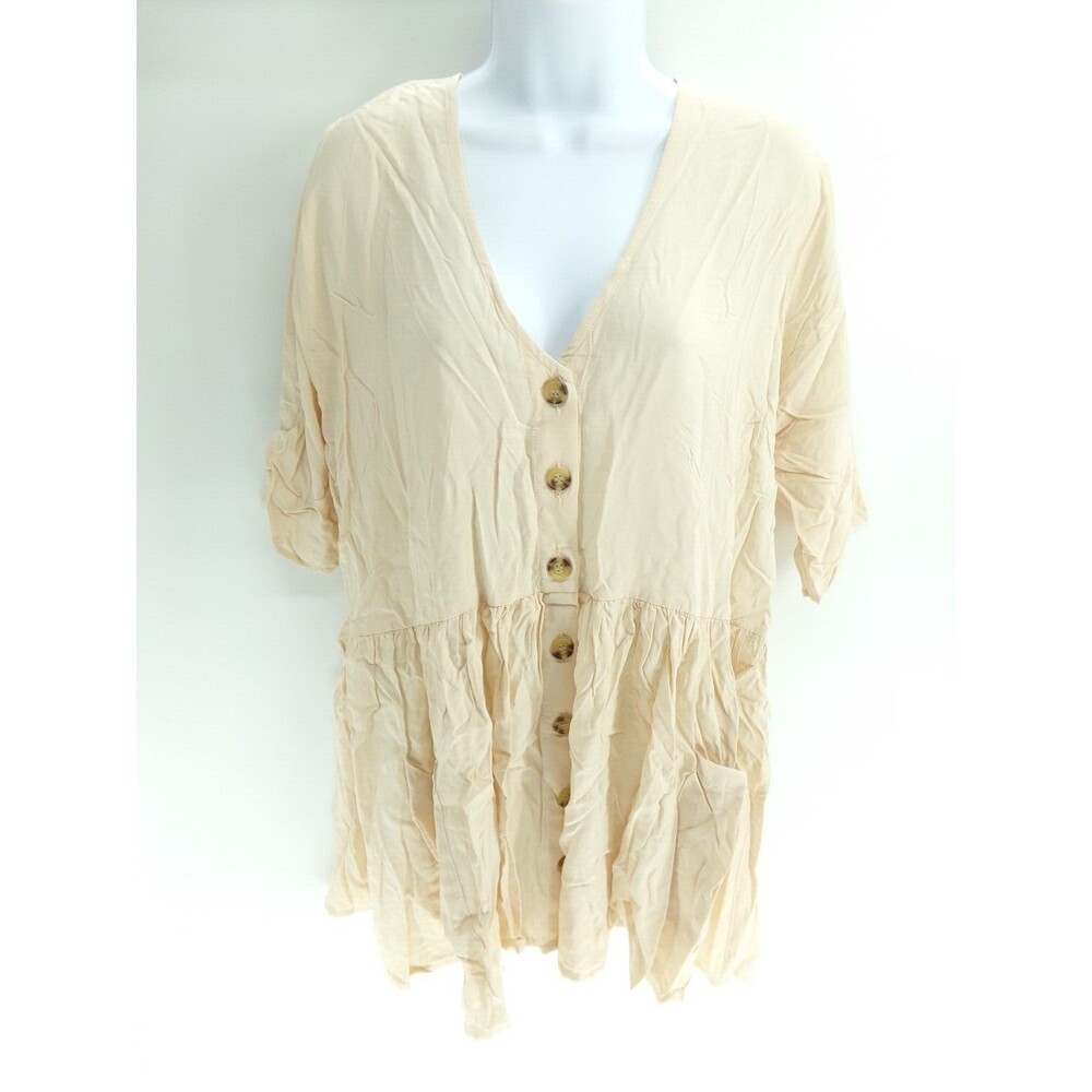 Agnes & Dora womens button up cream babydoll dress with pockets oversized Sz XS